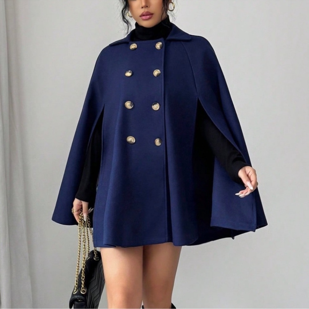 Classic Navy Blue Double Button Cape Jacket Coat XS S M L XL XXL